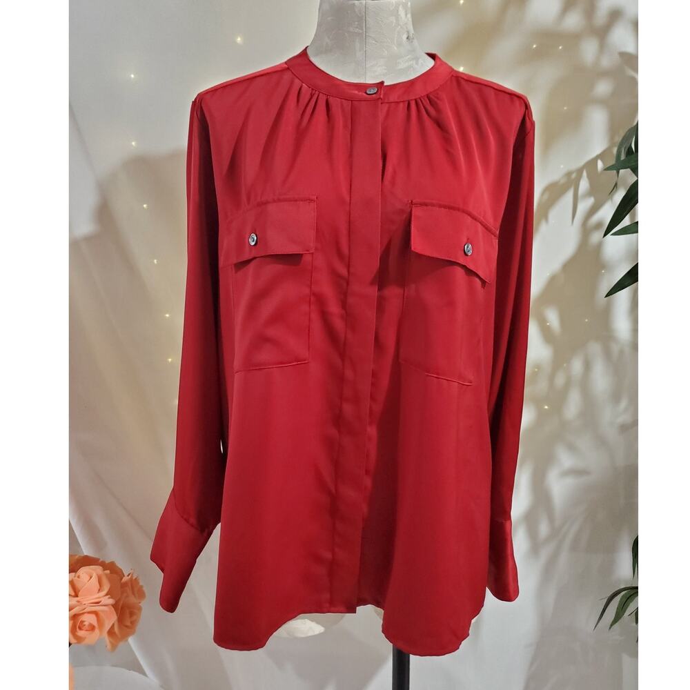 Banana Republic NWT Womens Satin Button Blouse Sz XL Red Career Holiday Pockets